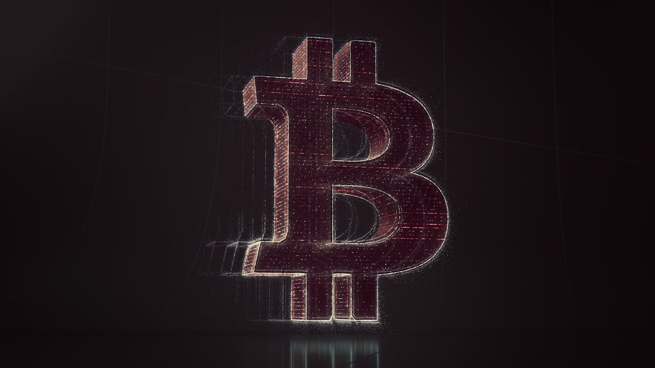 3D depiction of the Bitcoin symbol with a digital, futuristic glow.